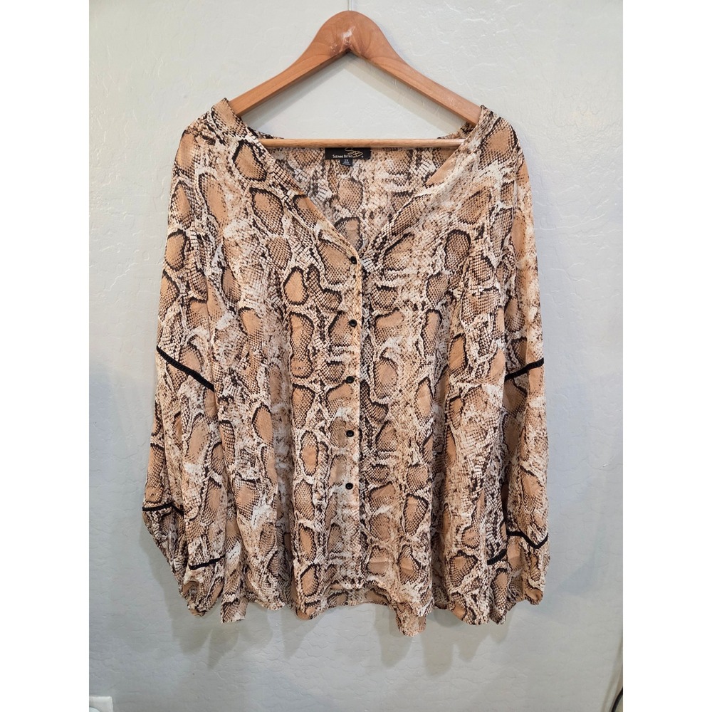 Suzanne Betro Snakeskin Print Button Down Blouse Tan Brown 2X Womans Top Vintage